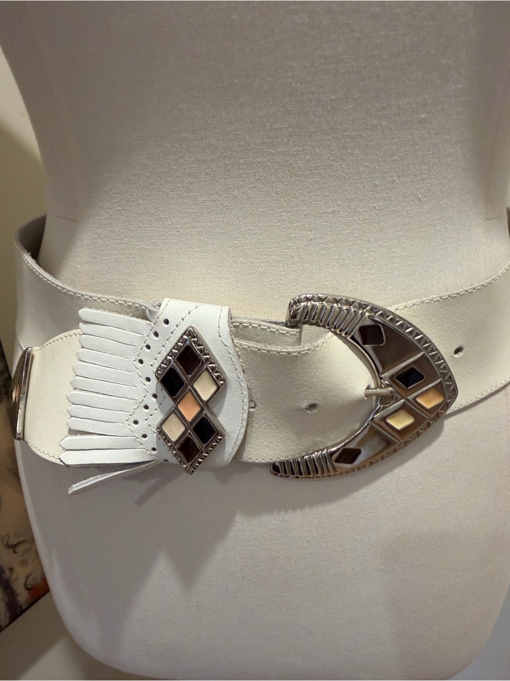 White Leather Western Fringe Belt w/ Geometric Metal Buckle & Decorative Insets